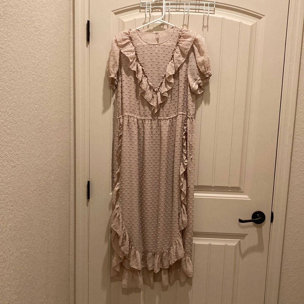 ULLA JOHNSON Silk Midi Ruffle Textured Dress Waist Ties Lined Short Sleeves Sz 8